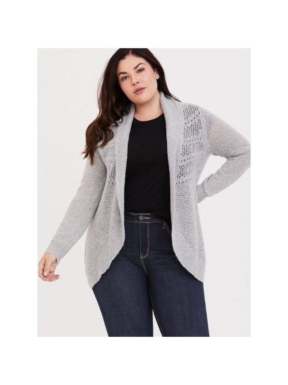 TORRID Grey Pointelle Knit Open Front Cardigan